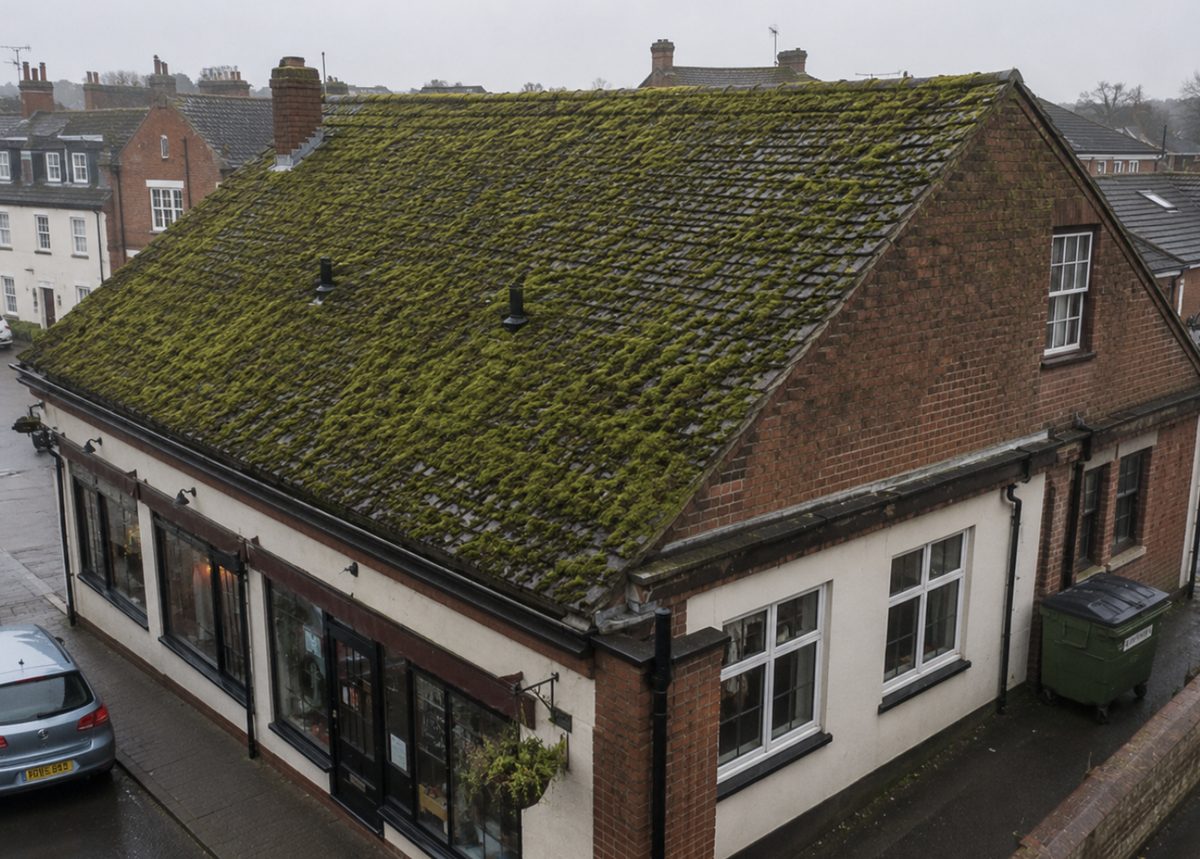 Commercial building roof treated for moss