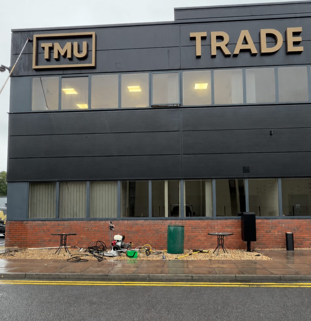 Commercial building front cleaned by Arcline