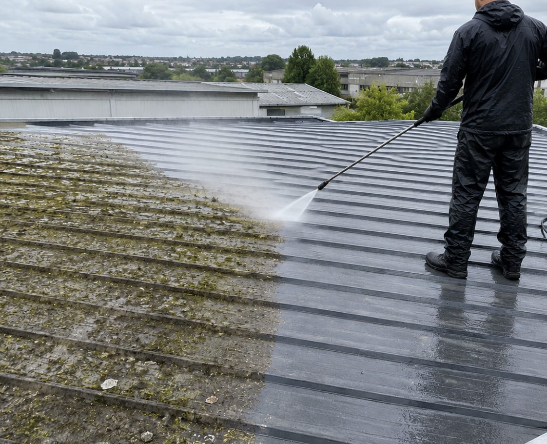 Operative soft washing a large commercial roof
