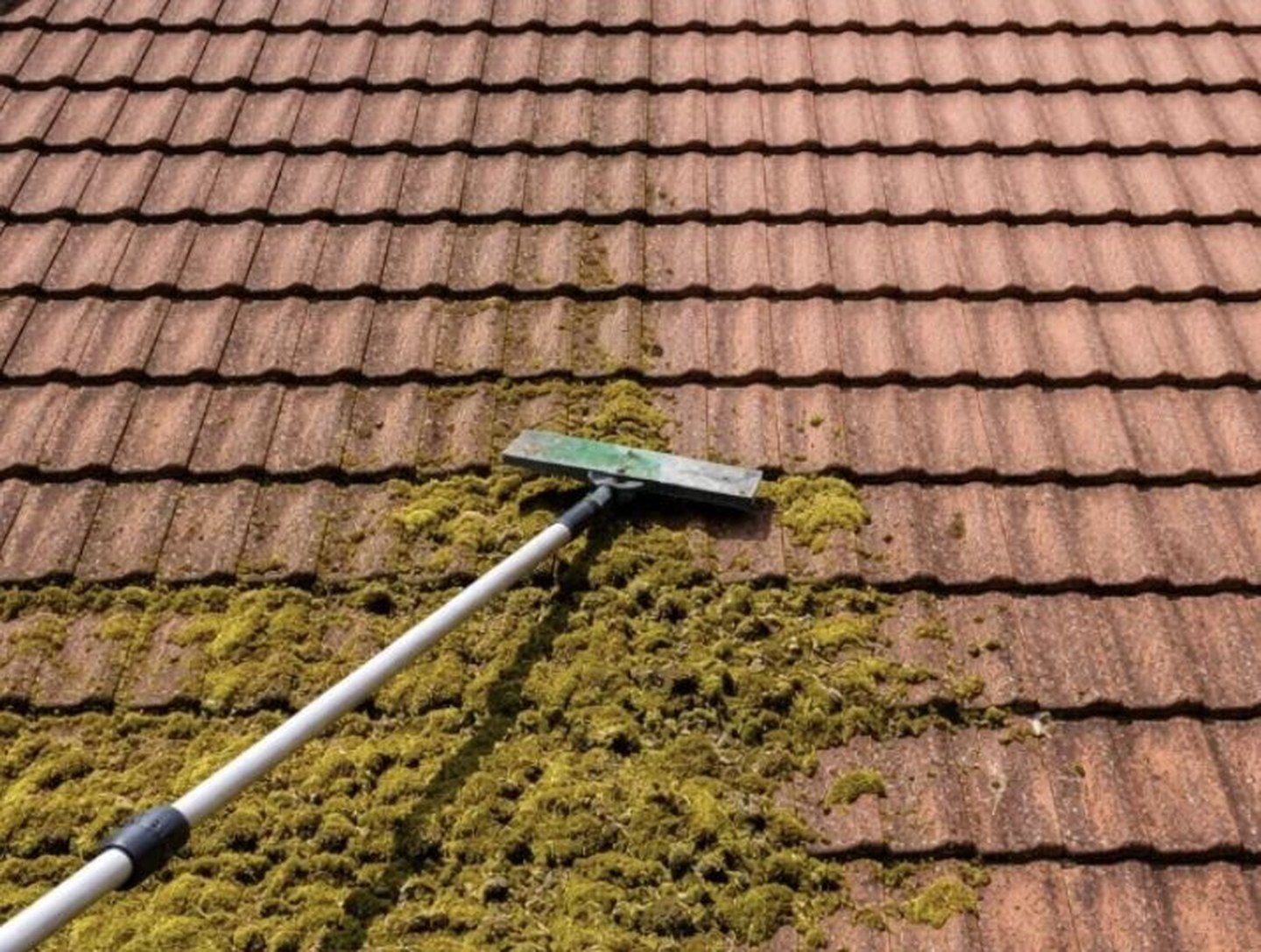 Roof brush clearing moss from concrete tiles