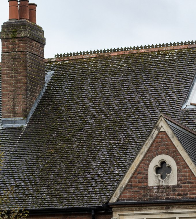 Slate roof with moss and algae before cleaning