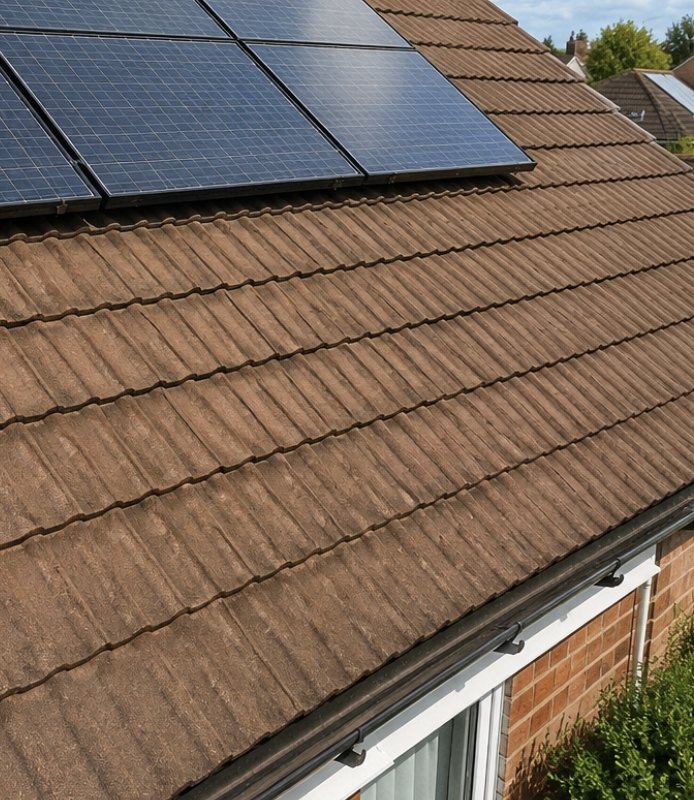 Roof with solar panels cleaned by Arcline