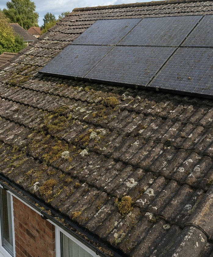 Roof with solar panels covered in moss before cleaning