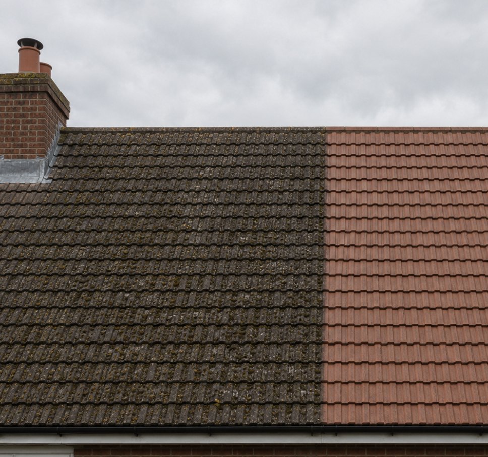Tiled roof half treated for moss and algae
